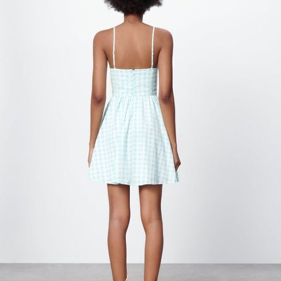 NEW ZARA GINGHAM DRESS V NECK MINI POCKETS BEADED FLOWER DETAILED SIZE XXL - Picture 4 of 7